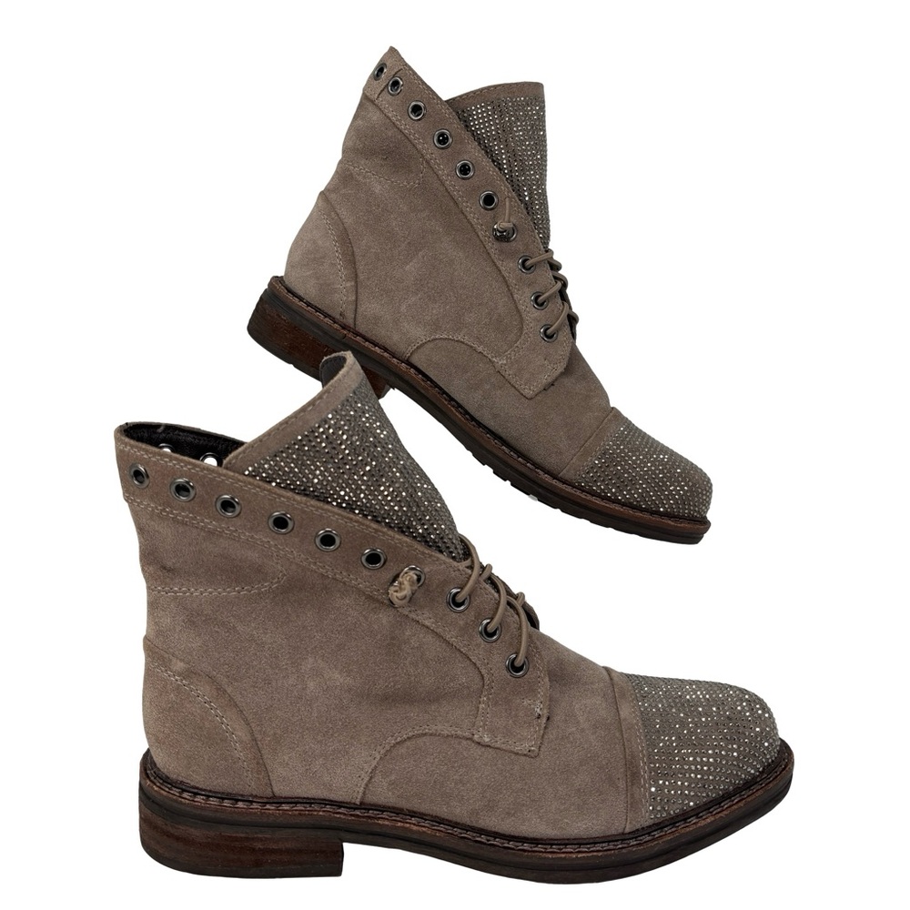 Alma en Pena taupe Suede leather ankle boots size 40 Lace Up Rhinestone Taupe